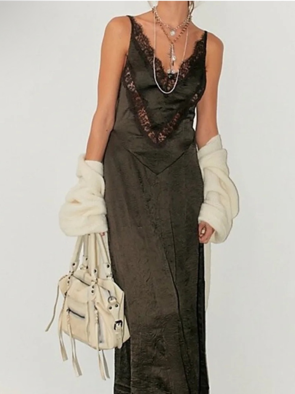 Free People Maybe Forever Brown Lace-Trim Maxi Dress NWT